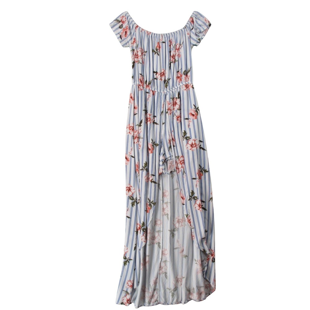 Justify Womens Blue White Striped Pink Floral High Low Romper Maxi Dress Size M